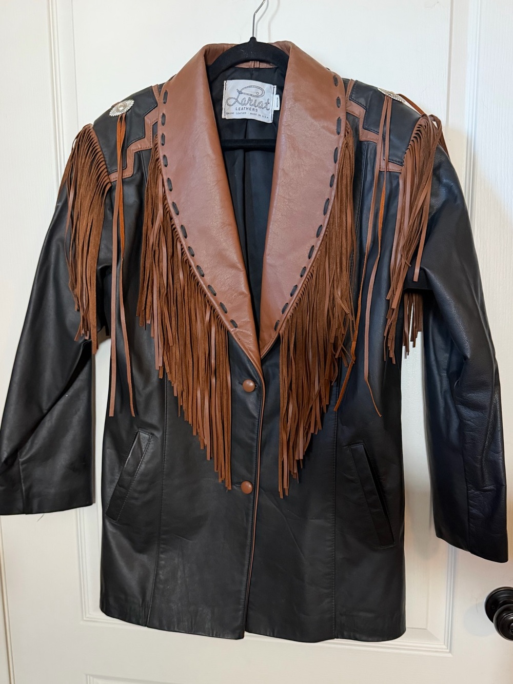 Vintage 80’s Ariat Fringe/Concho Leather Shawl Collar Coat  Men’s M/Women’s L